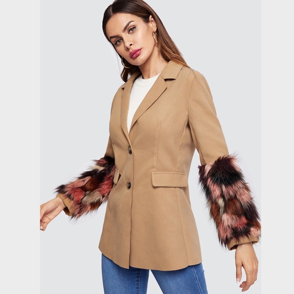 Fur Patches Sleeves Coat Style Jacket in Camel - Picture 3 of 7